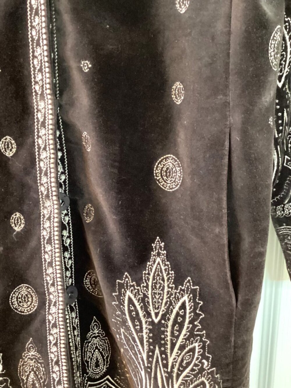 Nygard Collection Woman's Long Boho Embroidered Velvet Coat Chocolate Brown - Picture 5 of 9